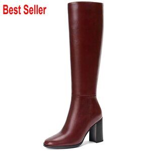 Knee High Boots with Chunky Heel Round Toe Side Zip Faux Leather